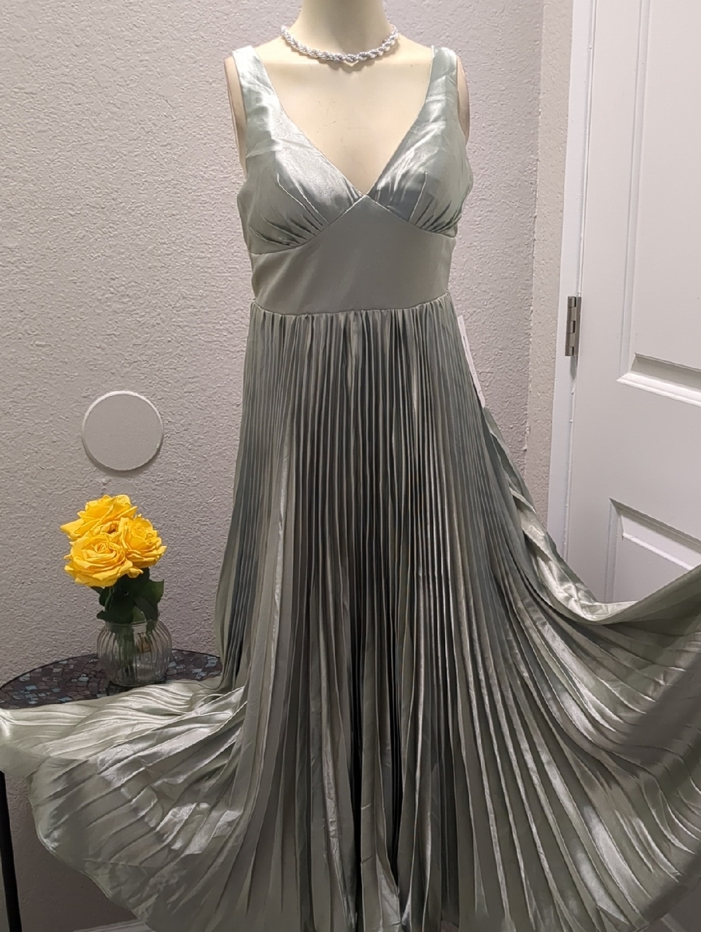 Silver/Green Satin Pleated V-Neck Maxi Dress
